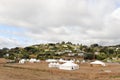 White tents in a dry field outdoors