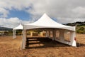 White tents in a dry field outdoors