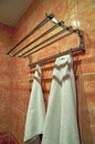 White terry towels hangs in the bathroom on the hanger. Royalty Free Stock Photo