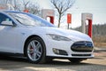 White Tesla Model S on Supercharger, Detail Royalty Free Stock Photo