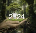 Happy new year 2024 green ecology and saving energy concept, Generative AI Royalty Free Stock Photo