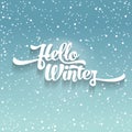 White text on green blue background with snow. Hello Winter lettering for invitation and greeting card, prints and