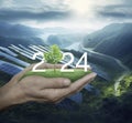 Happy new year 2024 green ecology and saving energy concept, Generative AI Royalty Free Stock Photo