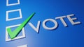 White text vote with green check correct sign in white blank box isolated on blue background, 3d rendering. general election