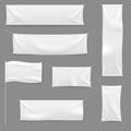White textile banners. Blank fabric flag hanging canvas sale ribbon horizontal and textile banntemplate advertising set