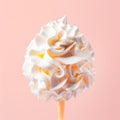 White texture of Vanilla ice cream with whipped cream on a stick on a pink background. Detailed pure creamy Royalty Free Stock Photo