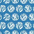 White textured circles on blue background. Vector seamless pattern. Handdrawn grunge winter snowballs