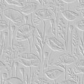 White textured floral line art emboss poppy flowers 3d seamless pattern. Relief vector embossed poppies background. Repeat