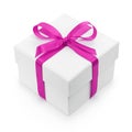 White textured gift box with purple ribbon bow Royalty Free Stock Photo