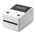 White thermal label printer with black display and green buttons on white thermal printer printing Royalty Free Stock Photo
