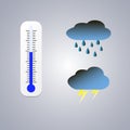 White thermometer icon, blue cloud, rain and storm on a grey background Royalty Free Stock Photo