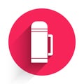 White Thermos container icon isolated with long shadow. Thermo flask icon. Camping and hiking equipment. Red circle Royalty Free Stock Photo