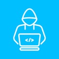 White thin lineart coder icon on blue background