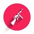White Thompson tommy submachine gun icon isolated with long shadow. American submachine gun. Red circle button. Vector
