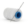 White Thread Spool with Blue Core and Silver Needle on White Background Keywords: thread, spool, needle, sewing, craft, white, Royalty Free Stock Photo