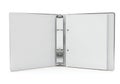 A white three ring binder with blank pages and metal rings open on a white background Royalty Free Stock Photo