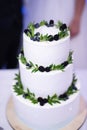 White three-tiered cake decorated with blackberries and leaves , selective focus, wedding cake