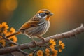 White-throated Sparrow perched on a branch with yellow flowers in the background. generative ai