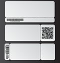 White ticket template with tear-off element, barcode and QR code isolated on transparent background. Music, Dance, Live Concert