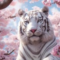 A white tiger against the backdrop of a beautiful sakura garden