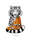 White Tiger - Buddha - Monk. Buddhist in an orange robe. A tiger in a lotus position soars above the ground