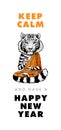 White Tiger - Buddha - Monk. Inscription - keep calm and have a happy new year. Buddhist in an orange robe. A tiger in a lotus