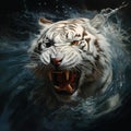 a white tiger emerges in high light, its sharp teeth glinting underwater, showcasing drenched fur with dark white and amber hues.