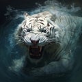 a white tiger emerges in high light, its sharp teeth glinting underwater, showcasing drenched fur with dark white and amber hues.