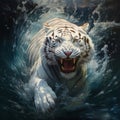 a white tiger emerges in high light, its sharp teeth glinting underwater, showcasing drenched fur with dark white and amber hues.