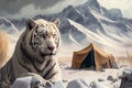 White tiger near a tourist tent in snow-covered mountains. AI Generated