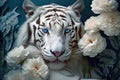 White tiger with a peony flowers.AI generated