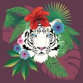 White tiger portrait with tropical leaves