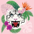 White tiger portrait with tropical leaves