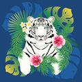 White tiger portrait with tropical leaves