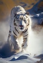 White tiger runs in snow-covered mountains. AI Generated
