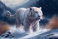 White tiger runs in snow-covered mountains. AI Generated