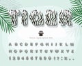 White tiger skin 3D cartoon font. Animal fur stripes print alphabet. Decorative letters and numbers. Vector Royalty Free Stock Photo