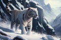 White tiger stands in snow-covered mountains. AI Generated