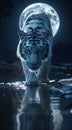 White tiger walking in the water at night, full moon Royalty Free Stock Photo