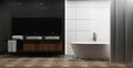 White tile and gray glossy wall bathroom interior with white tub, muck up. 3d rendering