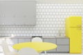 White tiled kitchen, yellow fridge