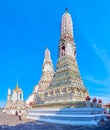 White tiled Prang of Wat Arun temple is one of the most significant religeon complex in Bangkok, Thailand