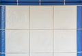 White tiles from a tiled stove framed with blue tiles