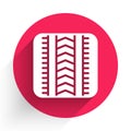 White Tire track icon isolated with long shadow. Red circle button. Vector