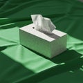A white tissue box with a textured pattern rests on a green fabric surface. A tissue Royalty Free Stock Photo