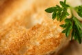 White toasted bread close-up, macro photography, with a sprig of parsley. Royalty Free Stock Photo