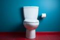 White toilet on blue wall creates a refreshing and aesthetically pleasing bathroom scene