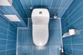 white toilet with closed lid in toilet with blue tiled wall. View of clean toilet bowl on top with toilet paper. Room of Royalty Free Stock Photo