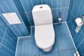 white toilet with closed lid in toilet with blue tiled wall. View of clean toilet bowl on top with toilet paper. Room of Royalty Free Stock Photo