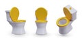 White toilet with gold seat, raised lid. Luxurious modern sanitary ware